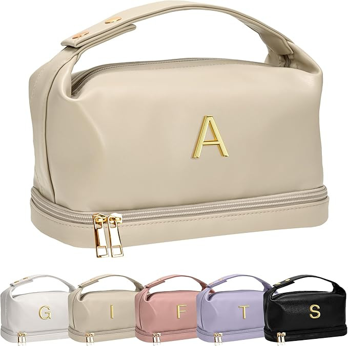 Gifts for Women, Personalized Makeup Bag with Handle, Initial Double Layer Cosmetic Bag with Make... | Amazon (US)