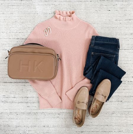 Smart casual outfit with ruffle mockneck merino sweater paired with dark wash jeans and nude loafers! Perfect for the wintertime, casual workwear and as an every day outfit. Super comfy and cozy, too

#LTKSeasonal #LTKstyletip
