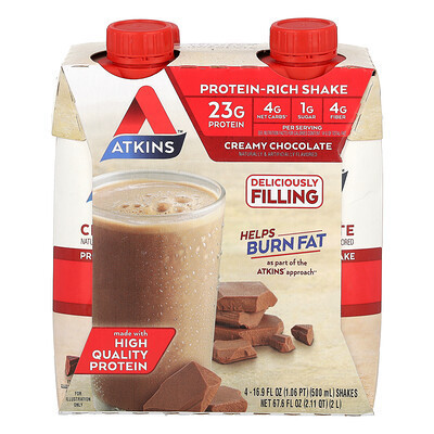 Atkins, Protein-Rich Shake, Creamy Chocolate, 4 Shakes, 16.9 fl oz (500 ml) Each | iHerb