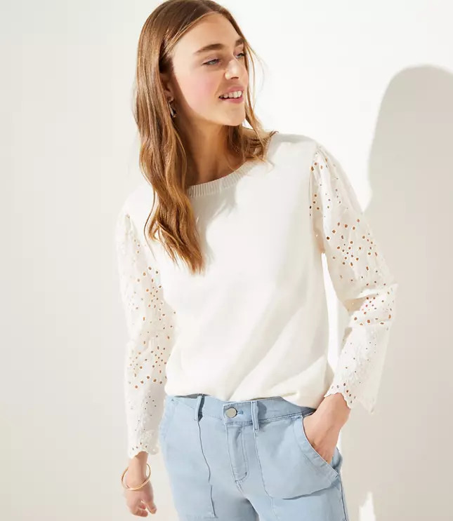 Eyelet Mixed Media Sweater | LOFT | LOFT