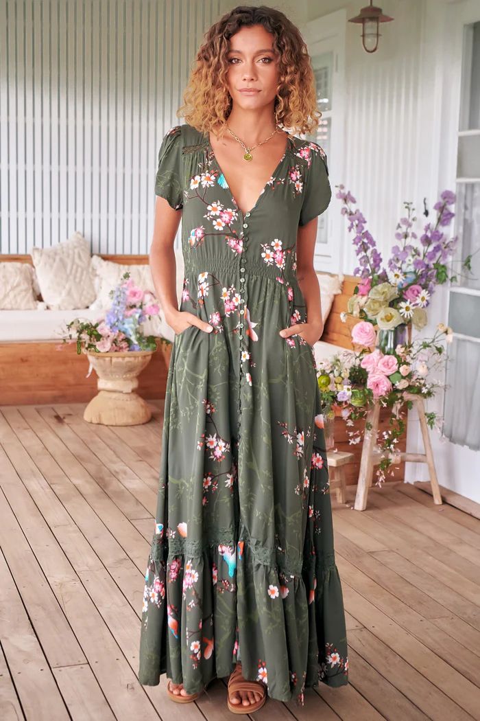 JAASE - Carmen Maxi Dress: Butterfly Cap Sleeve Button Down A Line Dress with Lace Trim in Bird P... | Salty Crush