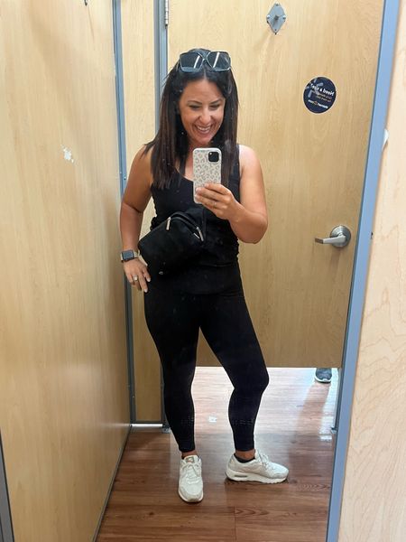 Dressing room selfie in my go to weekend momiform! These Nike air max sneakers are my new walking shoes and I love them! Definitely worth the price. My seamless tank comes in a three pack for under $12. I’m wearing a medium in the tank.

#LTKover40 #LTKshoecrush #LTKfitness
