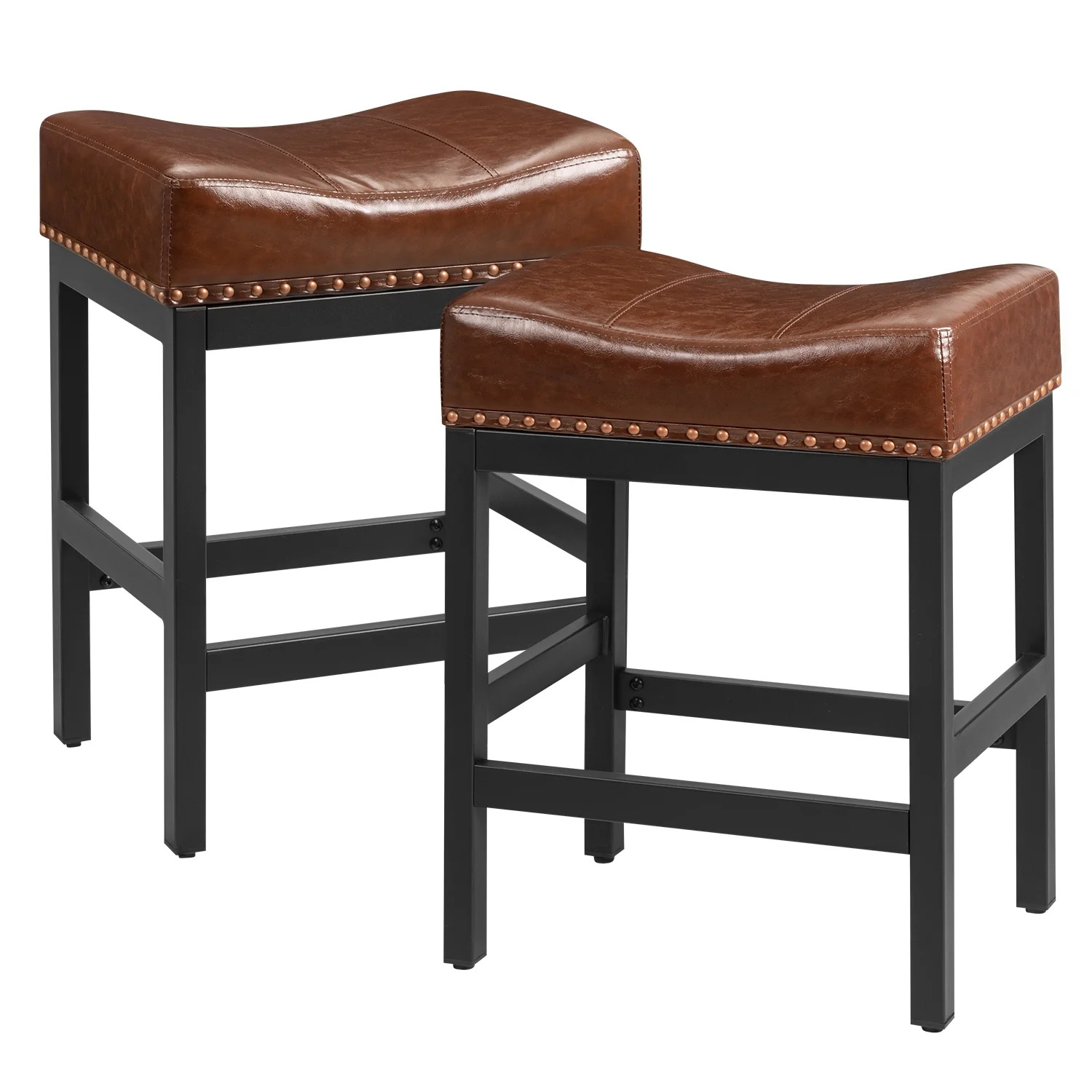 Homall 26.5" Backless Saddle Bar Stool, Black Metal Stracture with Brown Faux Leather, Set of 2 | Walmart (US)