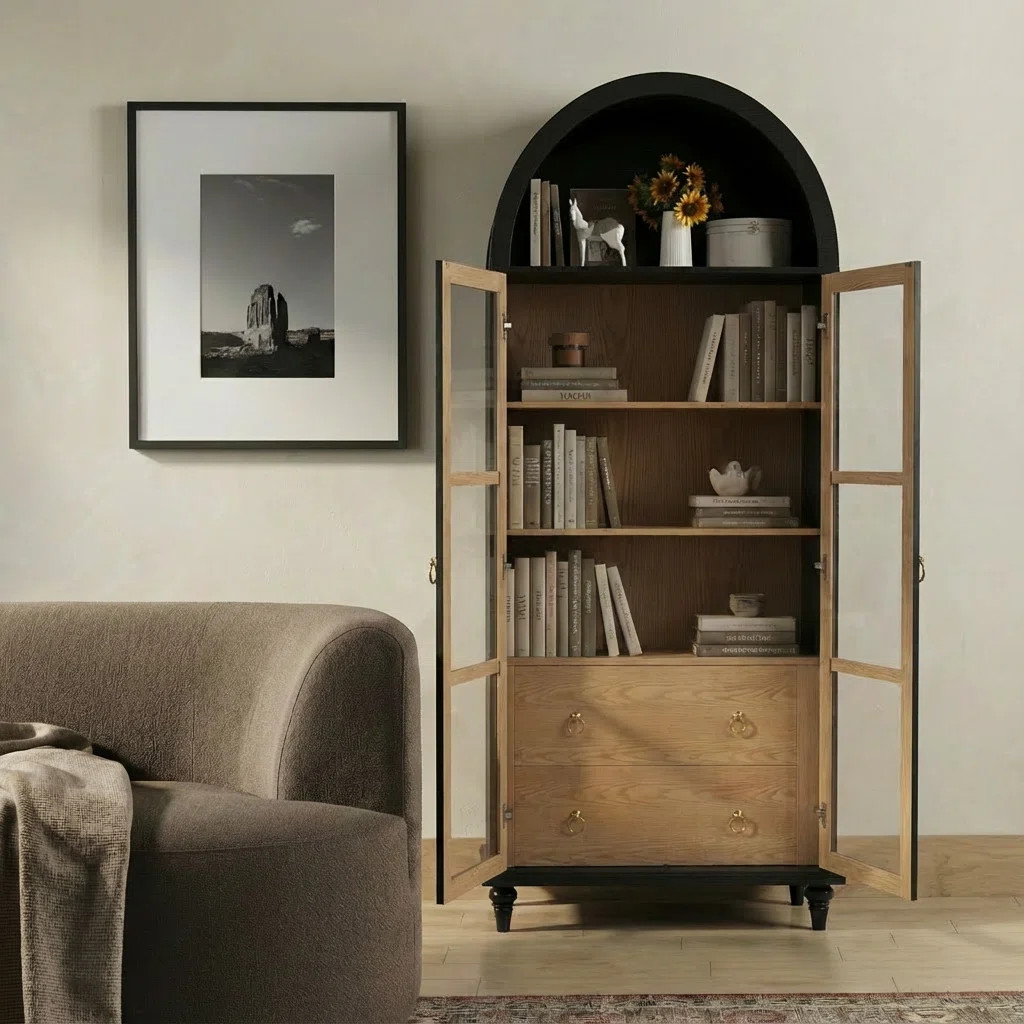 71" Arched Bookcase With Glass Doors And Solid Wood Legs - Versatile Display Cabinet & Kitchen Pa... | Wayfair North America