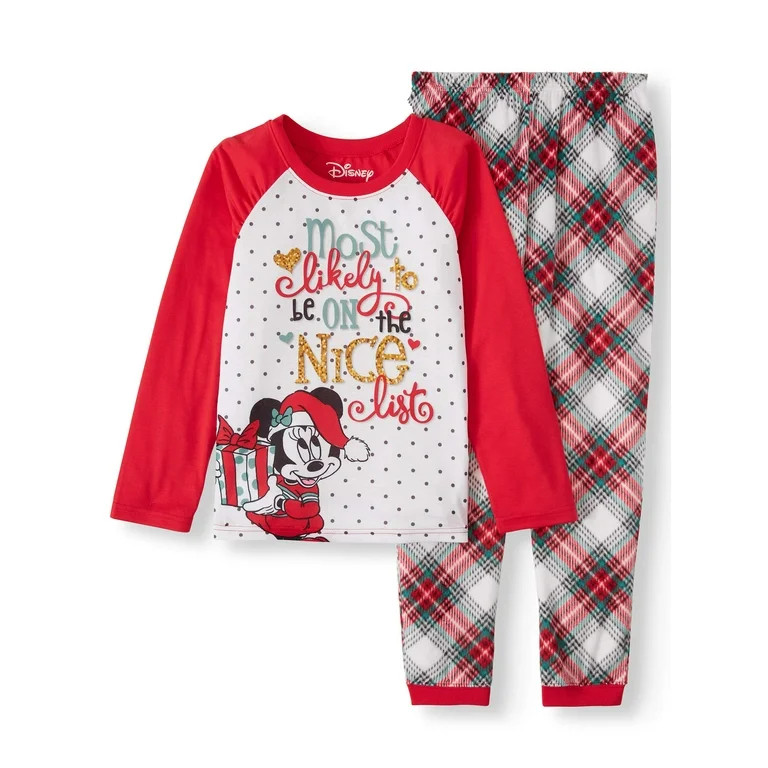 Girl's Holiday Minnie Mouse Raglan Long Sleeve Top and Minky Jogger Pant, 2-Piece Pajama Set (Lit... | Walmart (US)