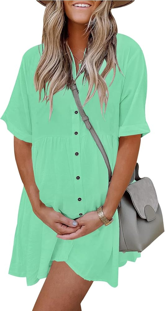 PYGFEMR Women's Short Sleeve Babydoll Dress Button Down Dresses with Pockets | Amazon (US)