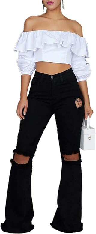 Ophestin Jean for Women Plus Size High Waist Denim Bell Bottom Distressed Ripped Solid Jeans Pant... | Amazon (US)