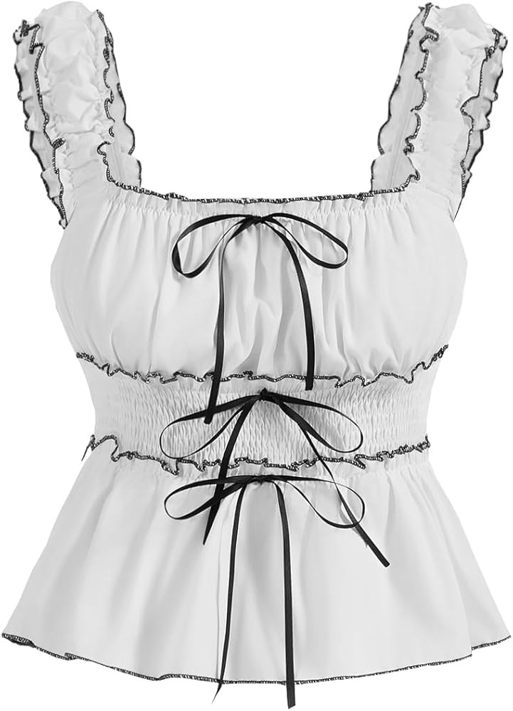 SHENHE Women's Y2K Ruffle Tank Top Bow Front Square Neck Backless Ruched Cute Babydoll Going Out ... | Amazon (US)