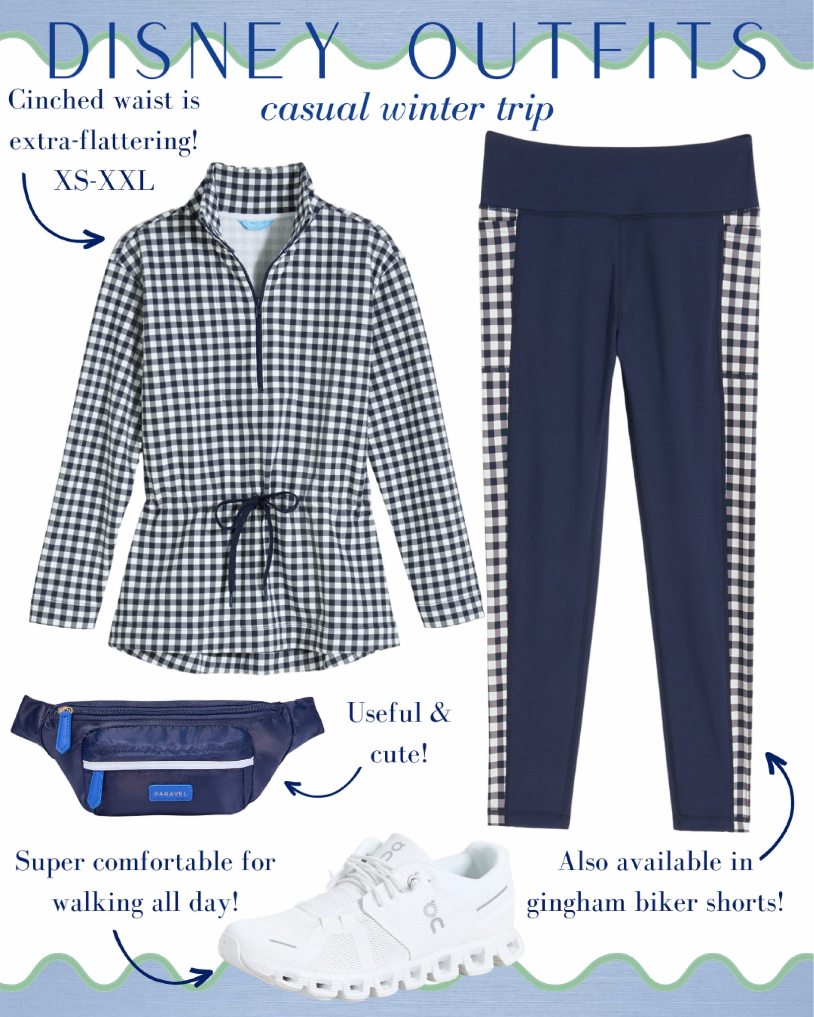 Women’s activewear outfit for a day at Disney World. These Draper James new arrivals are adorable! The cinched waist on this navy gingham pullover is super flattering and the navy and gingham leggings also come in biker shorts. Pair with a paravel Fanny pack and comfortable OnCloud white sneakers.

Casual style, mom outfit, preppy style, women’s activewear #activewear #gingham #momstyle #momootd #preppystyle 

#LTKunder100 #LTKtravel #LTKshoecrush