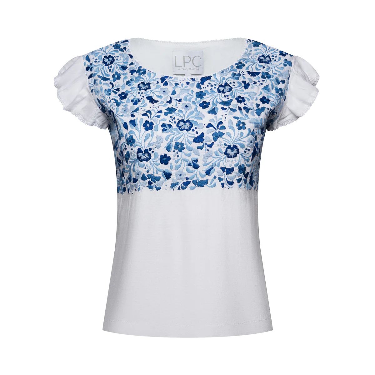 The Carla Butterfly Sleeve Top in White with Blues | La Peony Clothing