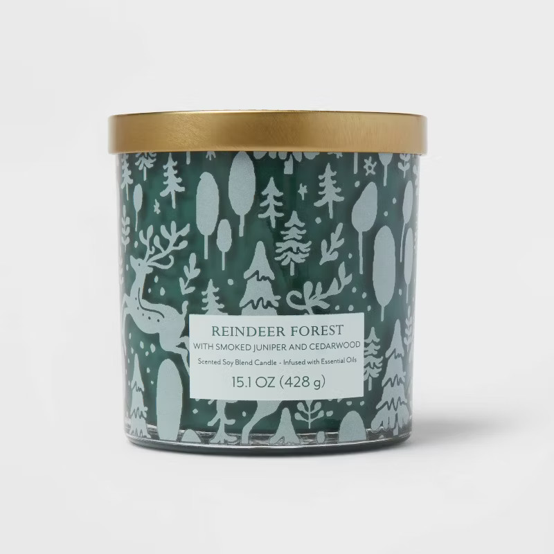 15.1oz Lidded Glass Jar 2-Wick Exterior Full Wrap Holiday Reindeer Forest Candle - Opalhouse͐... | Target