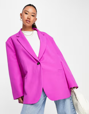 ASOS DESIGN oversized swing grandad blazer in magenta | ASOS (Global)