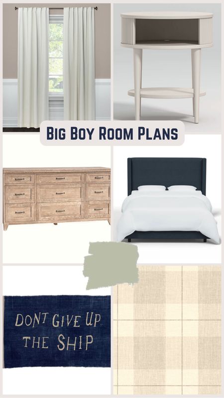 Plans so far with my son’s big boy room! Adding painted trim in a muted green color and other fun accents soon too!