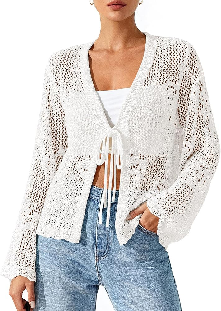 BTFBM Summer Cardigans for Women Lightweight 2026 Spring Crochet Hollow Out Long Sleeve Tie Front... | Amazon (US)