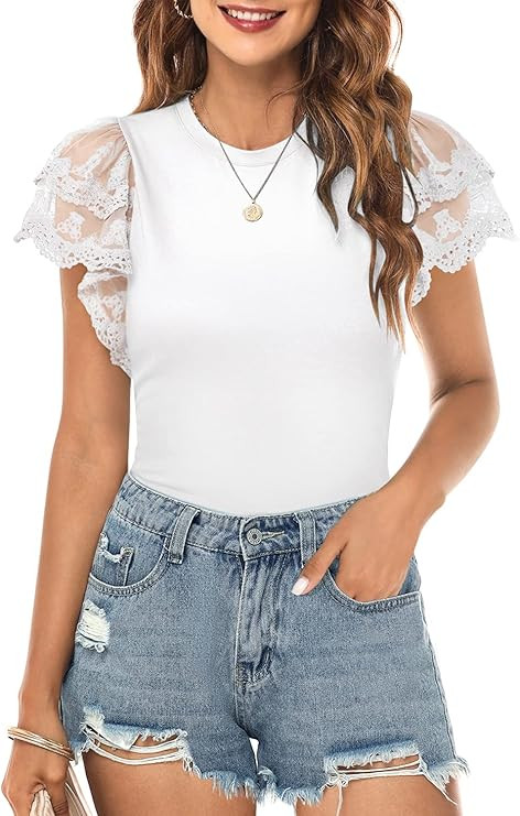 DOROSE Womens Lace Short Sleeve Tops Summer Shirts Casual Blouses T Shirts | Amazon (US)