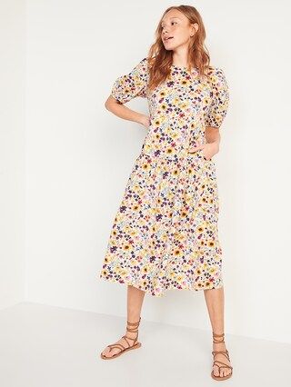 Puff-Sleeve Floral-Print All-Day Midi Swing Dress for Women | Old Navy (US)