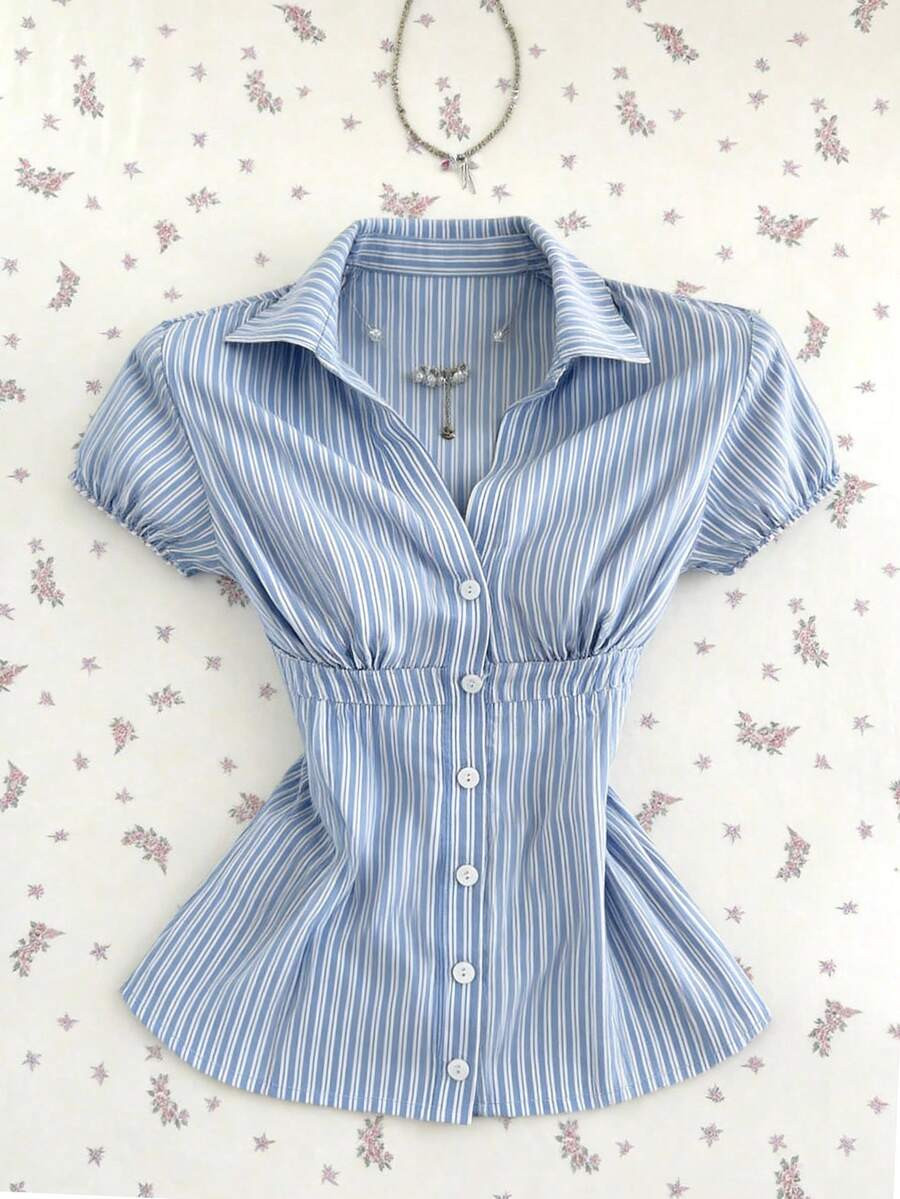 Flirla Women's Blue White Stripe Collared V-Neck Short Sleeve Blouse,Summer Elegant And Classy Sc... | SHEIN