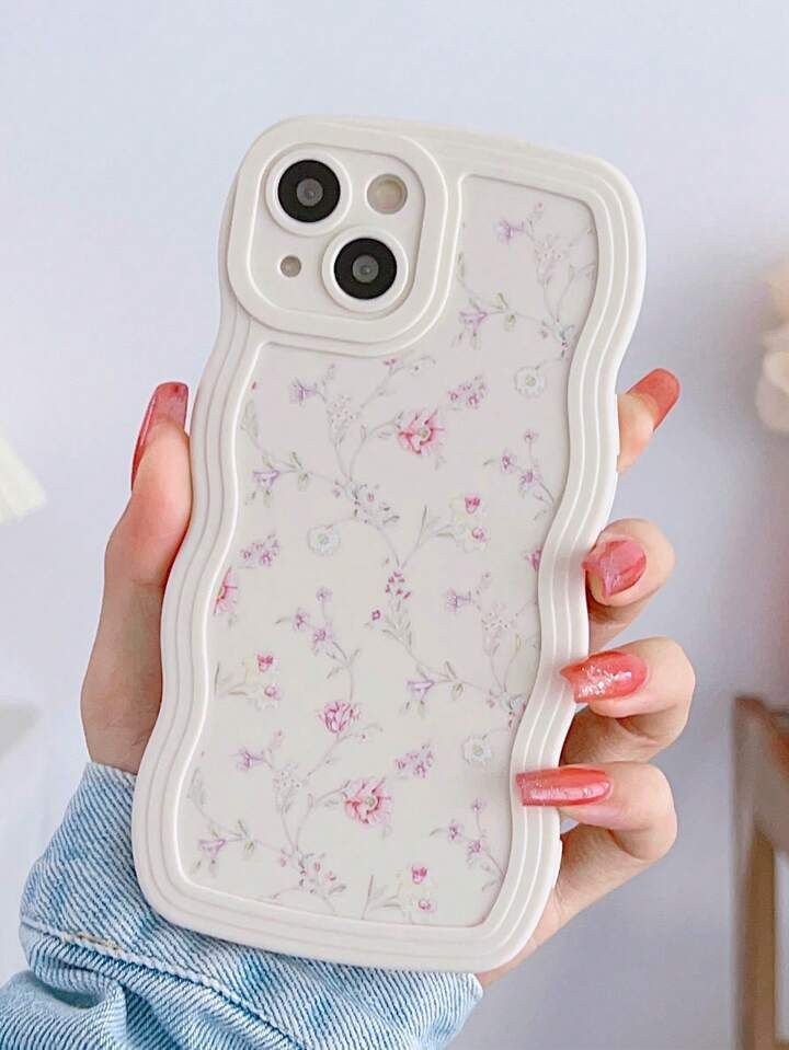 1pc White Floral Print Full Cover Wavy Phone Case For Iphone | SHEIN