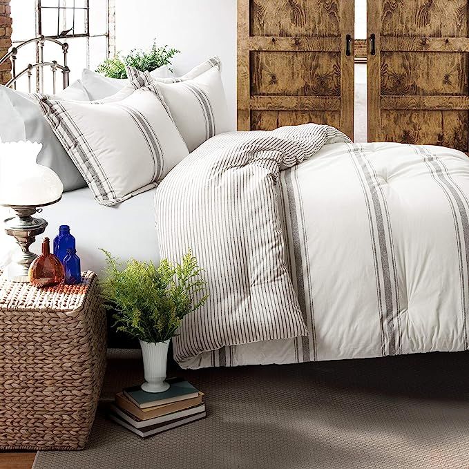 Lush Decor, Gray Comforter Farmhouse Stripe 3 Piece Reversible Bedding Set, Full Queen | Amazon (US)