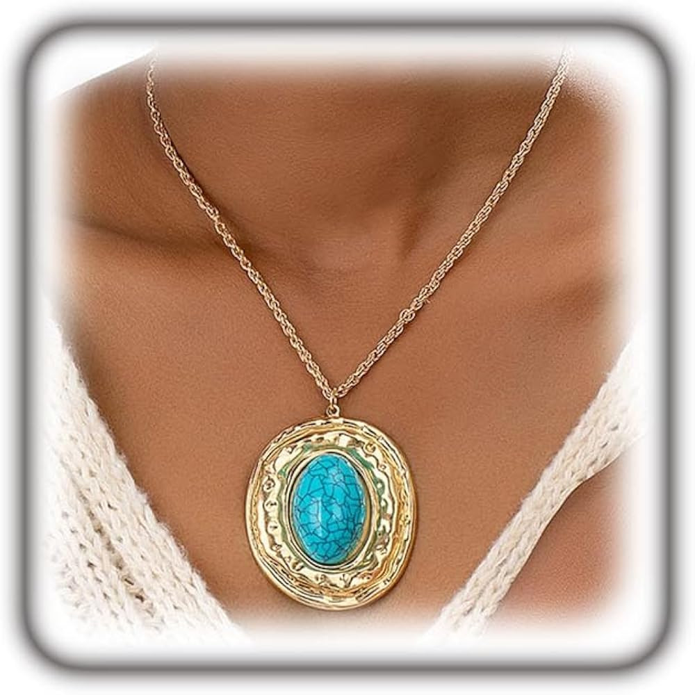Western Turquoise Pendant Necklace Country Jewelry,Large Gold Turquoise Choker Necklace for Women... | Amazon (US)