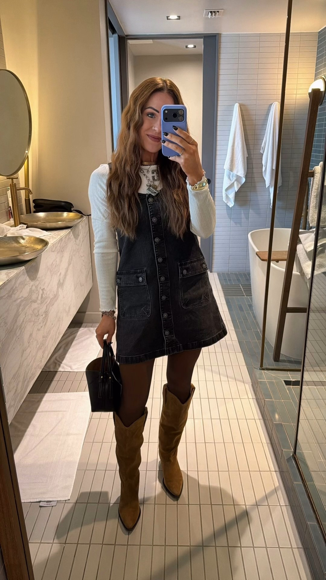 Daytime fall winter outfit pinafore dress over tights and cowboy boots transitional western country concert inspo rodeo nfr

Gold collar necklace is from November Maker
Heart earrings are from Zara
Other silver necklaces are vintage

#LTKFindsUnder50 #LTKootd #LTKOver40