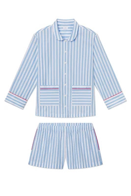 Poplin Piped Long-Short Set in Baltic Blue Beam Stripe | Lake Pajamas