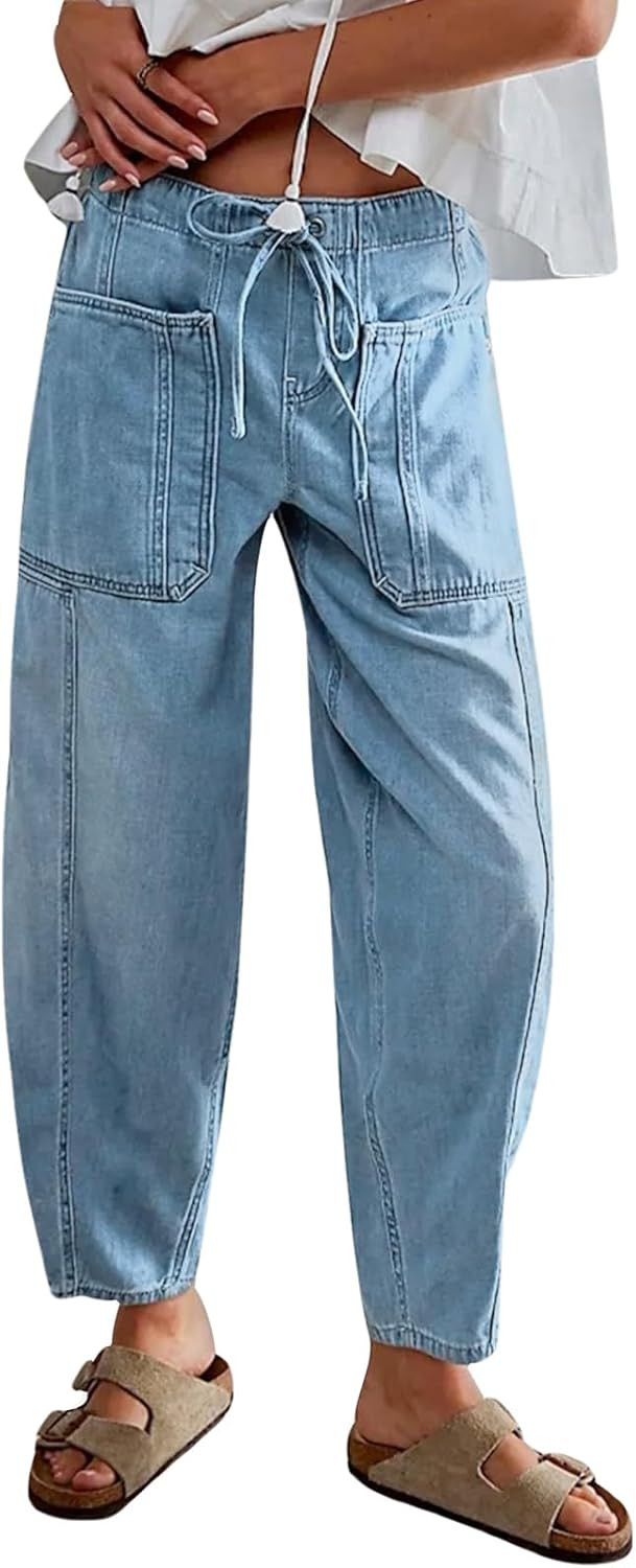 Drawstring Barrel Jeans for Women Elastic Waist Baggy Wide Leg Denim Pants | Amazon (US)