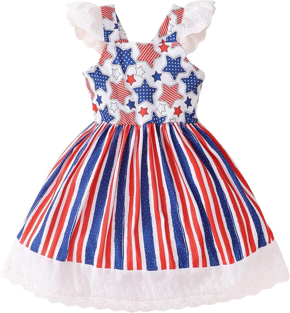 Baby Girls 4th of July Dress Kids American Flag Patriotic Stars Striped Dresses Toddler Independe... | Amazon (US)