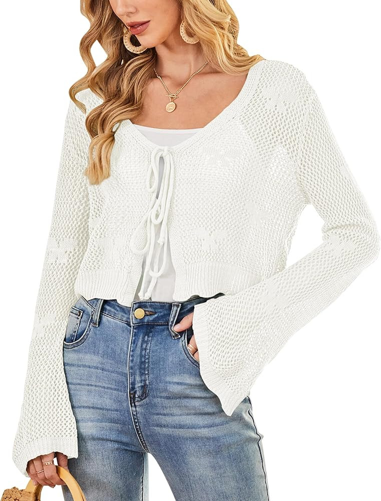 Balimtoy Women Tie Front Hollow Out Knit Crop Top Bell Sleeve V Neck Knotted Crochet Cardigan Boh... | Amazon (US)