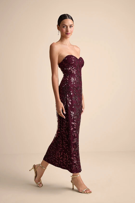 Beyza Burgundy Sequin Beaded Strapless Midi Dress | Lulus