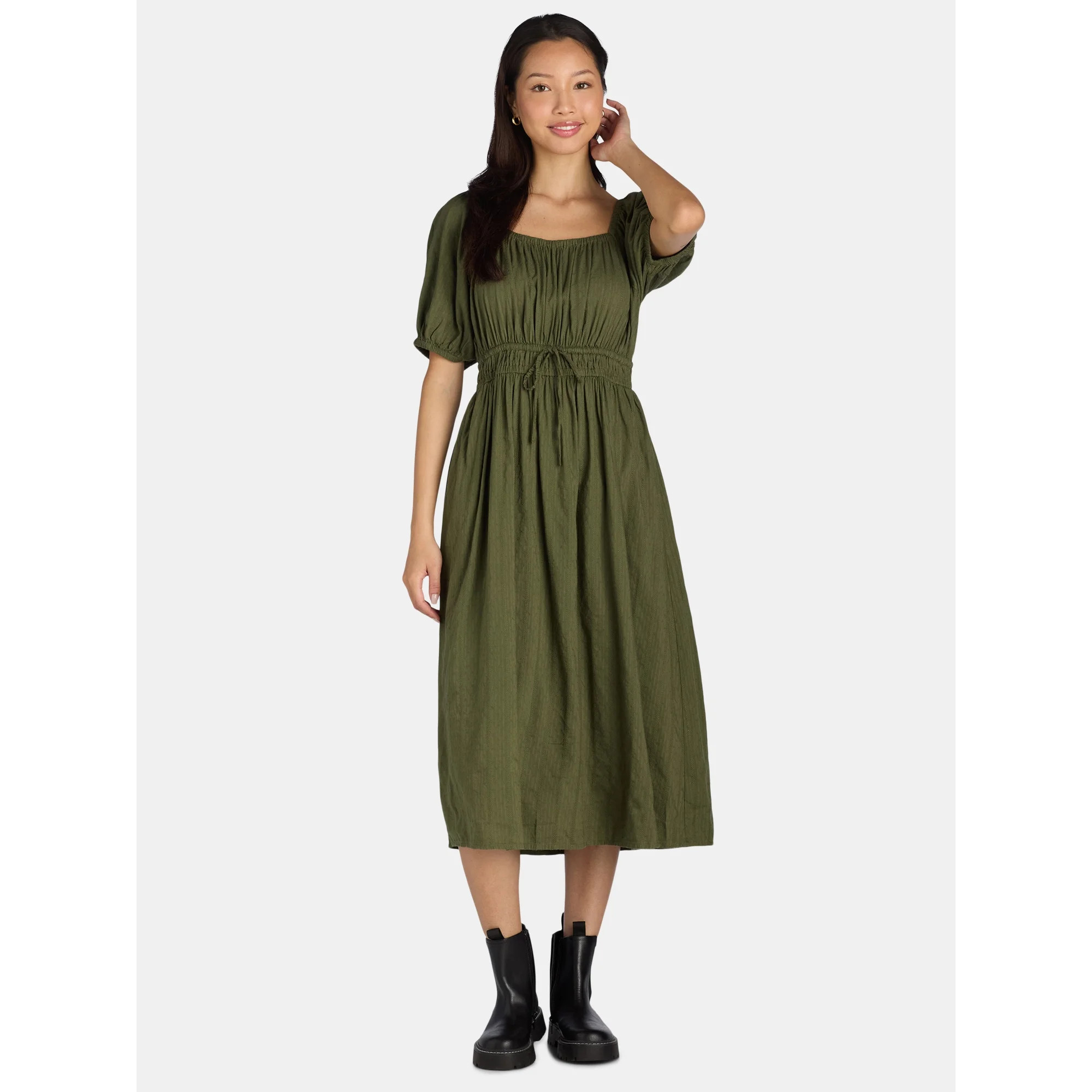 Time and Tru Women's Ruched Waist Print Midi Dress, Sizes XS-XXXL | Walmart (US)