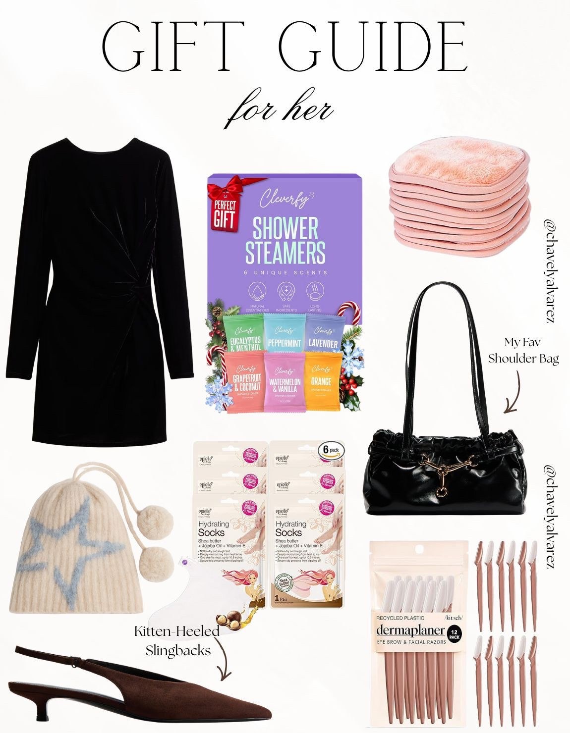 GIFT GUIDE for her: Beauty Basics, Chic Staples, & Cozy Must-Haves! 🎁

Find the perfect present for everyone on your list with this curated collection of gifts under $50! ✨

We are obsessed with these elevated essentials: from self-care favorites like the Cleverfy shower steamers and hydrating spa socks to professional beauty tools like the Kitsch dermaplaners and reusable plush makeup remover pads. Make a statement with chic, versatile accessories, including a sleek black ruched shoulder bag, sophisticated brown kitten-heel slingbacks, and a cozy star-patterned pom beanie. Finish the look with the ultimate holiday staple: a timeless long-sleeve black velvet mini dress that’s perfect for any winter celebration!

#GiftGuide
#GiftsForHer
#GiftsUnder50
#SelfCareDaily
#BeautyEssentials
#HolidayGifts
#CozySeason
#VelvetDress
#WinterAccessories
#SkincareRoutine
#LittleBlackDress
#LTKGiftGuide
#HolidayShopping
#GiftInspo
#StockingStuffers

#LTKGiftGuide #LTKBeauty #LTKFindsUnder50