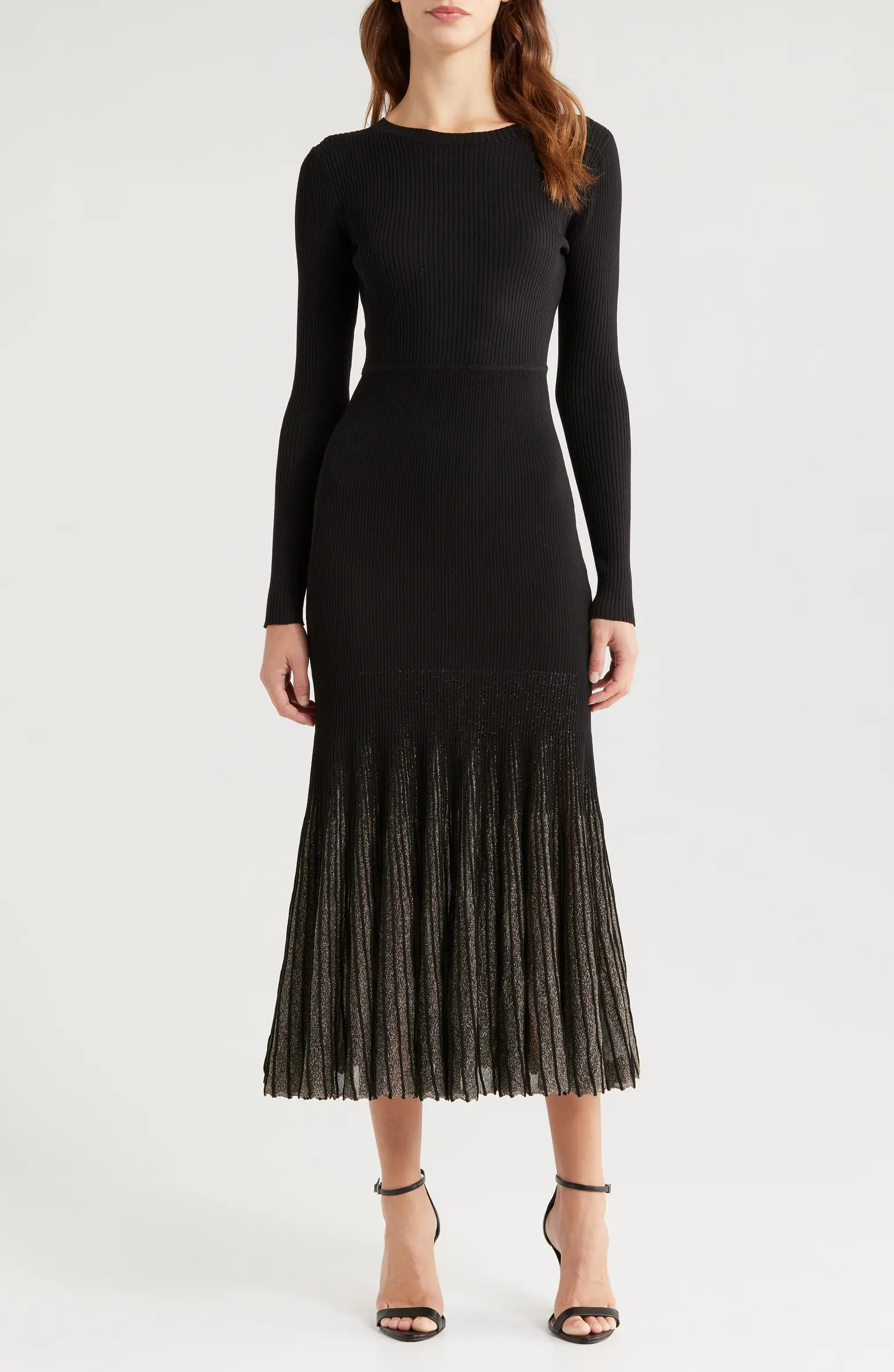 MOON RIVER Shimmer Long Sleeve Rib Midi Dress | Nordstrom | Nordstrom