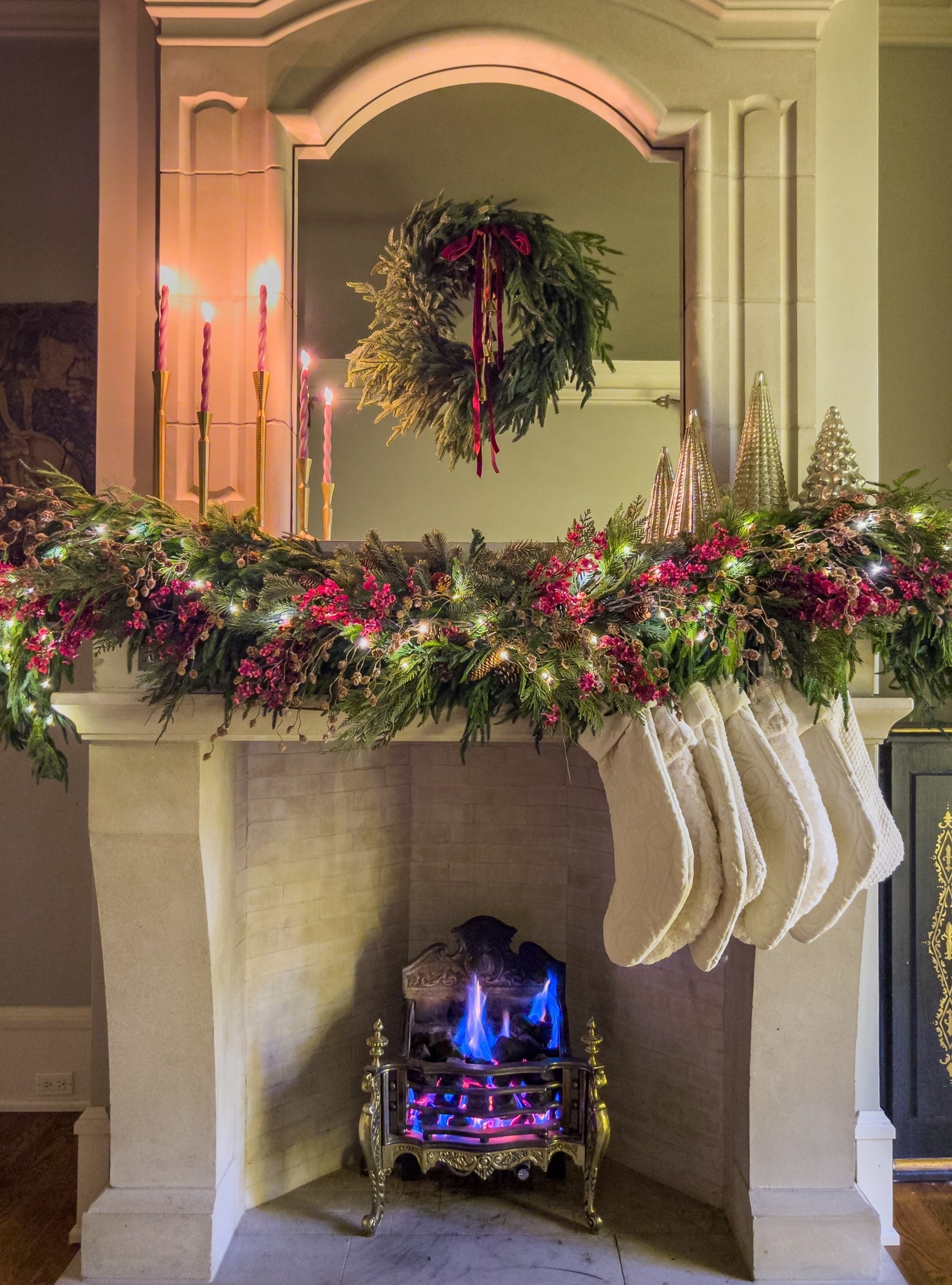 Mantel decor, Christmas decor, christmas mantel, burgundy florals, pine cone stems 