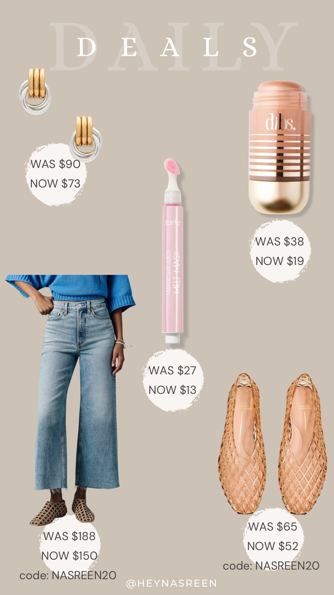 Daily deals on Revolve earrings, DIBS face & body highlighter stick, Tarte lip melt mask, Dolce Vita jelly flats, Anthropologie pistola wide leg crop jeans 