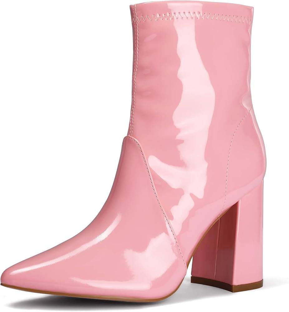Women's GoGo Boots Mid Calf Block Heel Ankle Boots Pointed Toe Patent Leather Side Zipper Booties | Amazon (US)