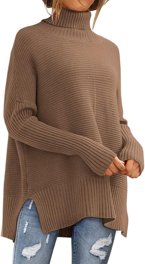 LILLUSORY Womens Turtleneck Oversized Tunic Fall Sweaters 2022 Long Batwing Sleeve Spilt Hem Pull... | Amazon (US)