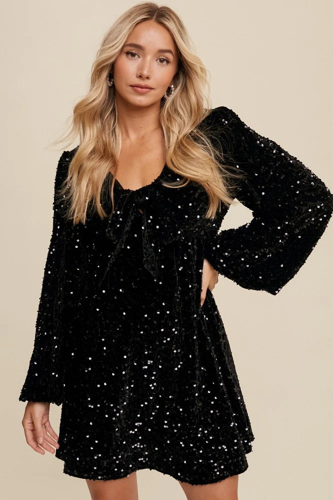 Black Sequin Velour Front Tie Mini Dress | PinkBlush Maternity