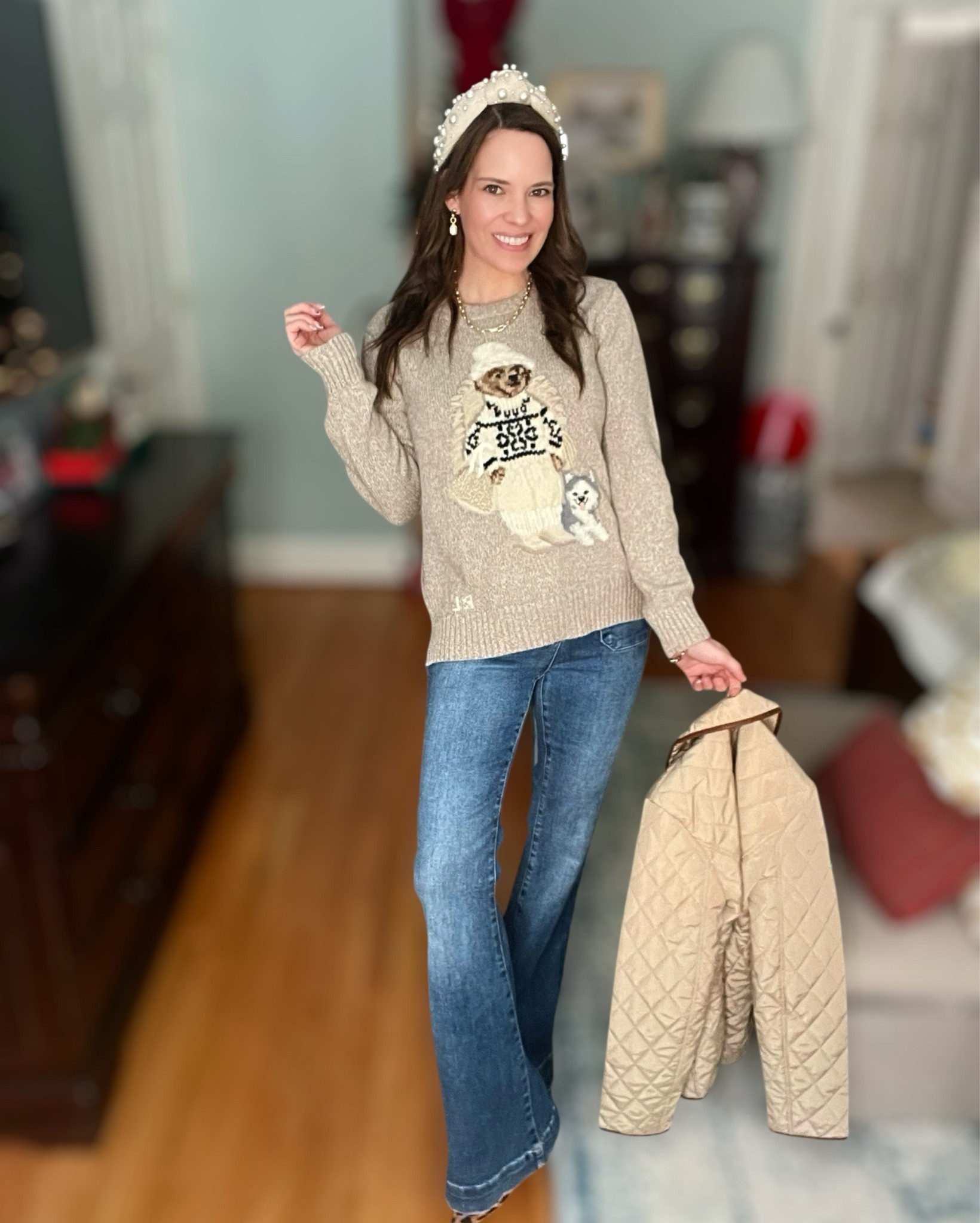 🐻✨ Cozy Holiday Polo Bear Sweater Outfit

This outfit is giving all the cute winter vibes! ❄️ I styled my Polo Bear sweater with classic wide-leg denim and layered on my quilted jacket for the perfect cozy holiday look. The pearl headband adds the sweetest festive touch — it instantly dresses up even a casual outfit and makes everything feel more special 🎀✨

Leopard heels peek out from the denim for a fun little pop, and my gold jewelry finishes everything with that soft, polished shine. This is such an easy go-to winter outfit for holiday errands, casual get-togethers, and cozy days out and about!

✨ Linked items:
• Polo Bear sweater
• Wide-leg denim
• Pearl headband
• Quilted jacket
• Leopard pumps
• Indra earrings + Abbott Lyon watch
• Melinda Maria necklace & bracelet

❄️ winter outfit inspo, cozy holiday look, polo bear sweater outfit, quilted jacket style, wide leg jeans outfit, pearl headband, casual christmas outfit, winter errands outfit, festive neutral outfit, leopard heels outfit


#LTKGiftGuide #LTKHoliday #LTKFindsUnder100