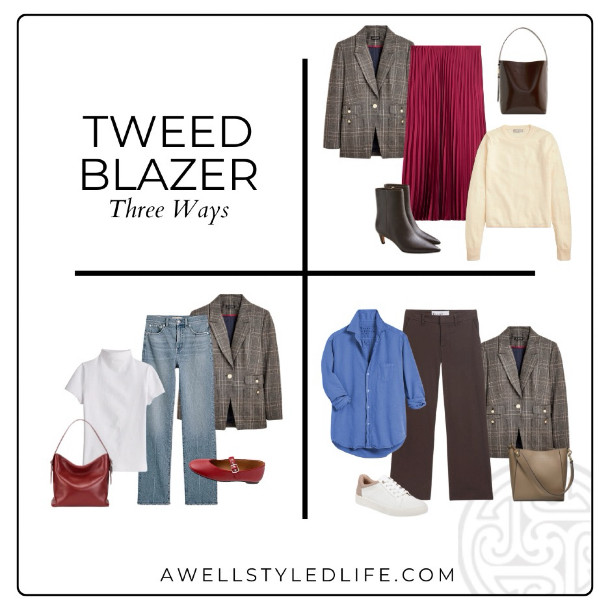 Fall Outfit Inspiration:

Three ways to style a tweed blazer


#fashion #fashionover50 #fashionover60 #fallfashion #falloutfit #LTKOver50Style #tweed #tweedblazer #womensblazer #fallblazer

#LTKSaleAlert #LTKWorkwear #LTKStyleTip