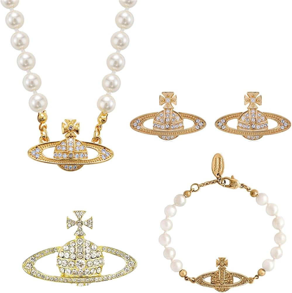 Dreuyet 4PCS Rhinestone Planet Saturn Pearl Choker Necklace Bracelet Earring Brooch Pin Jewelry S... | Amazon (US)