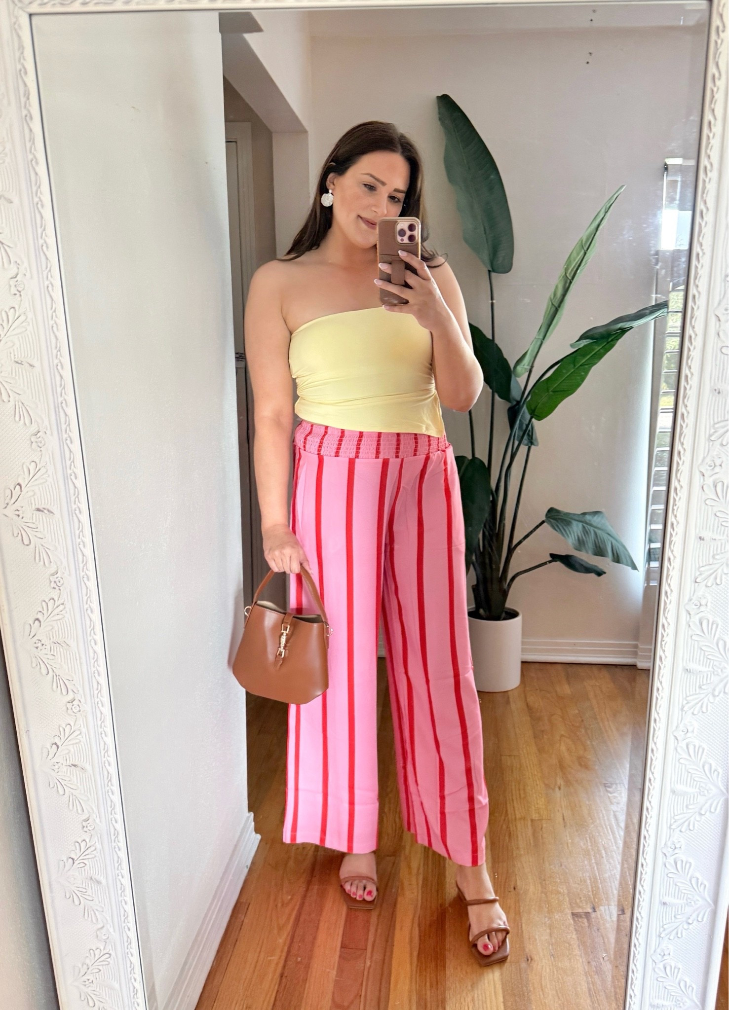 Florida vacation outfit! Love these light weight linen like pants, seashell earrings (SO lightweight!), buttery soft butter tube top, brown sandals and brown luxury purse. Everything fits true to size and all EXACTL products!

#LTKootd #LTKMidsize #LTKTall