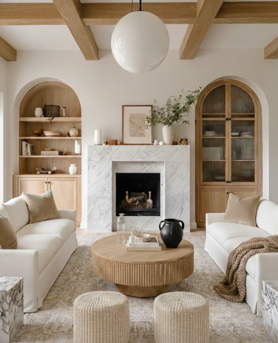Neutral living room perfection. This space combines modern organic style with cozy textures, featuring two white linen sofas paired with a round oak coffee table that adds warmth and balance against the marble fireplace surround. The woven jute poufs bring a touch of casual comfort, while the soft neutral area rug grounds the room in layered tones of beige and taupe. Built-in oak cabinets with arched shelving display minimalist decor like ceramic vases and neutral pottery for that elevated, designer look. Finished with linen throw pillows and a chunky knit blanket for a cozy, lived in feel the perfect mix of modern, rustic, and timeless. 



#LTKHome #LTKFindsUnder100 #LTKSaleAlert