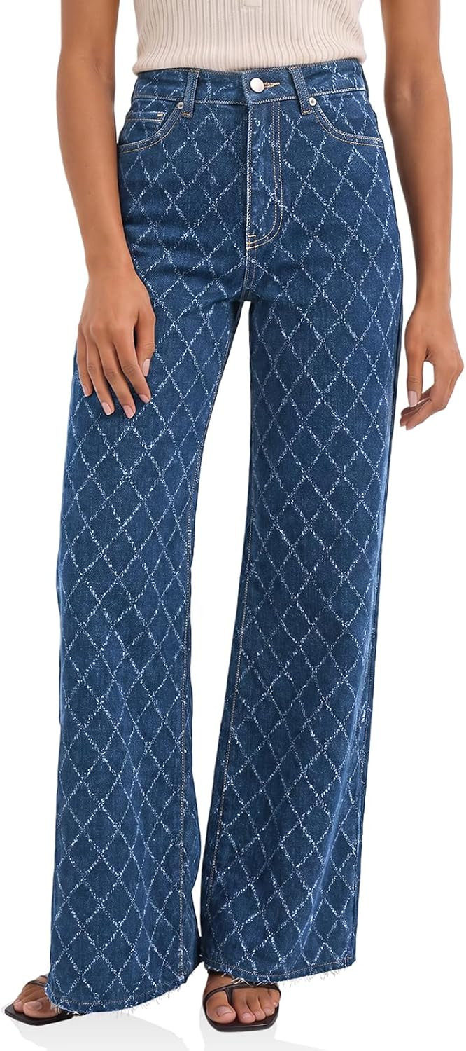 Cicy Bell Womens Wide Leg Jeans Argyle Printed High Waisted Denim Pants | Amazon (US)