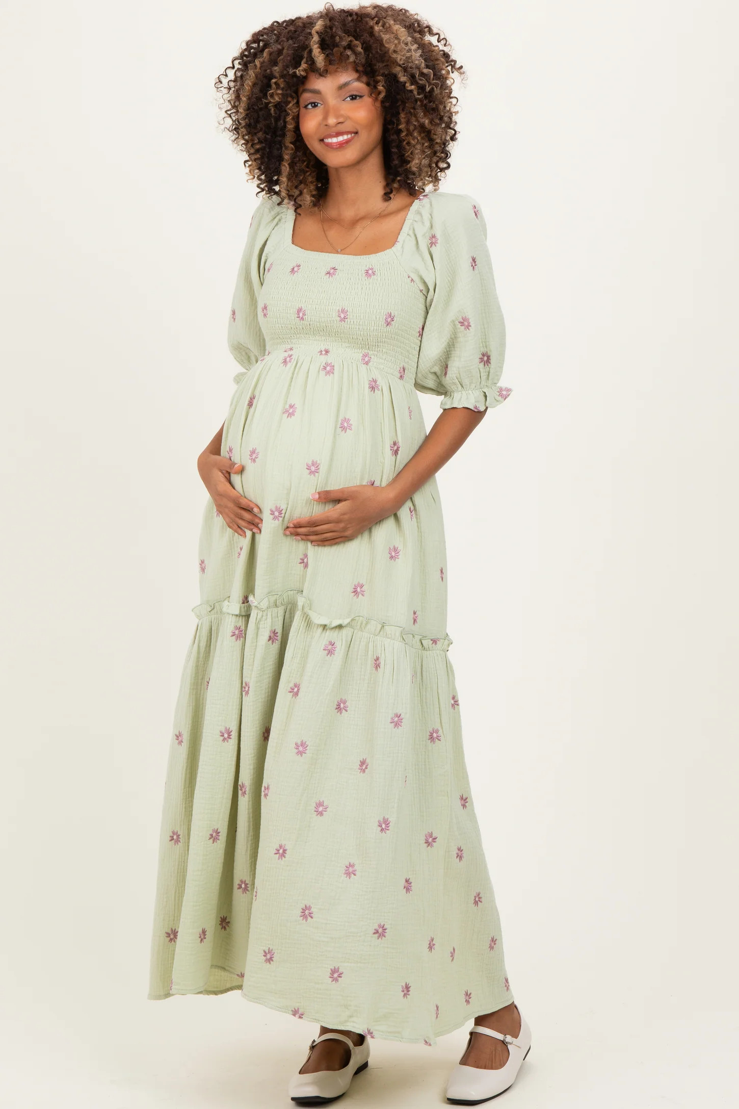 Mint Floral Smocked Puff Sleeve Maternity Maxi Dress | PinkBlush Maternity