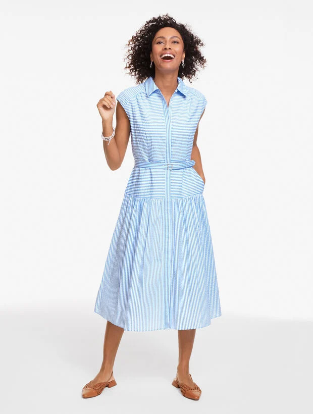 Seersucker Drop Waist Shirtdress - Ocean Stripe | Talbots