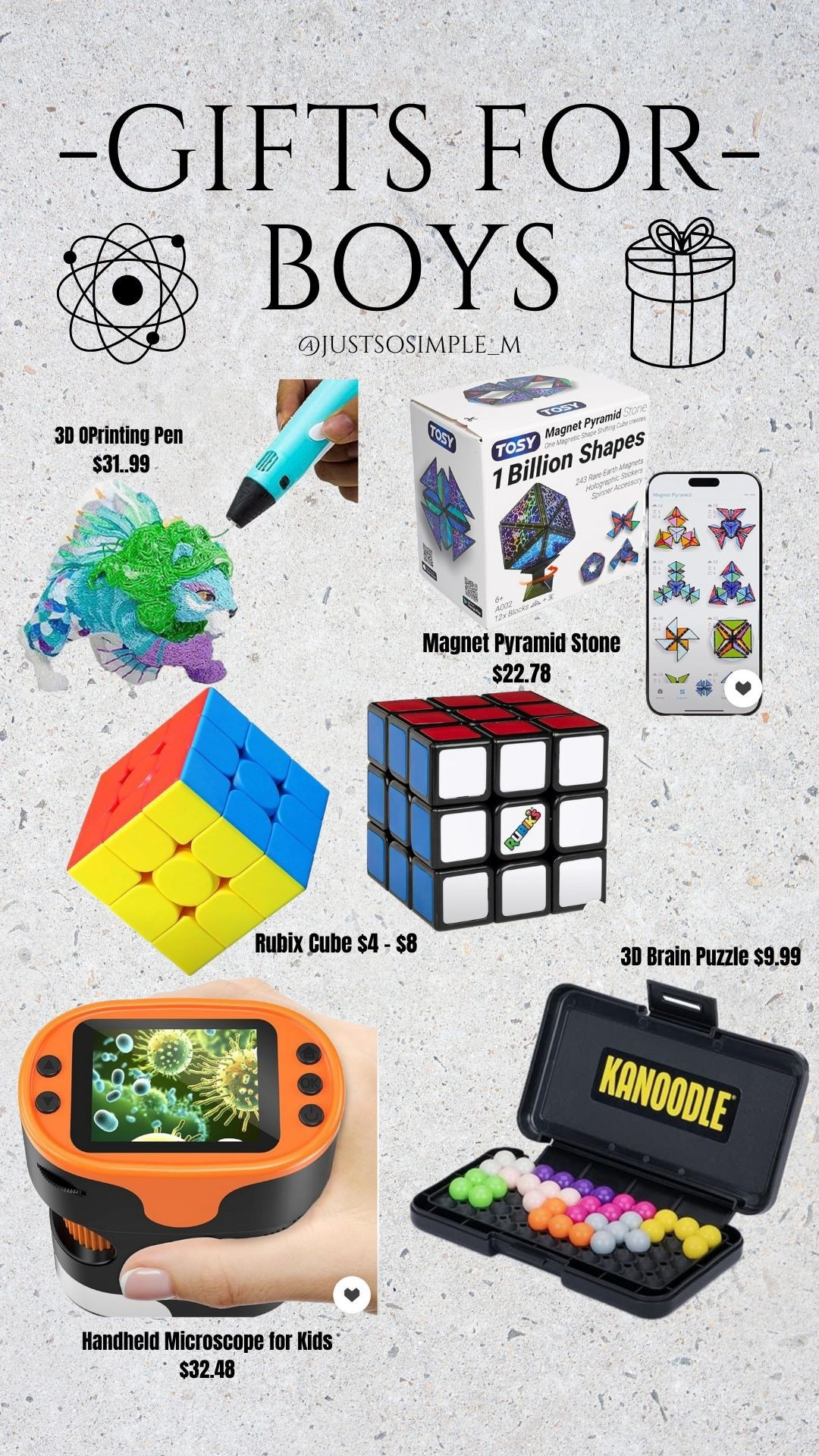 Gifts for boys - Stocking Stuffer worthy or as an individual small gift

Gifts for boys, Christmas gifts, gifts for kids, gifts for son, gifts for nephew, 3d printing pen, rubix cube, microscope, puzzle game, fidget game

#LTKGiftGuide #LTKCyberWeek #LTKKids