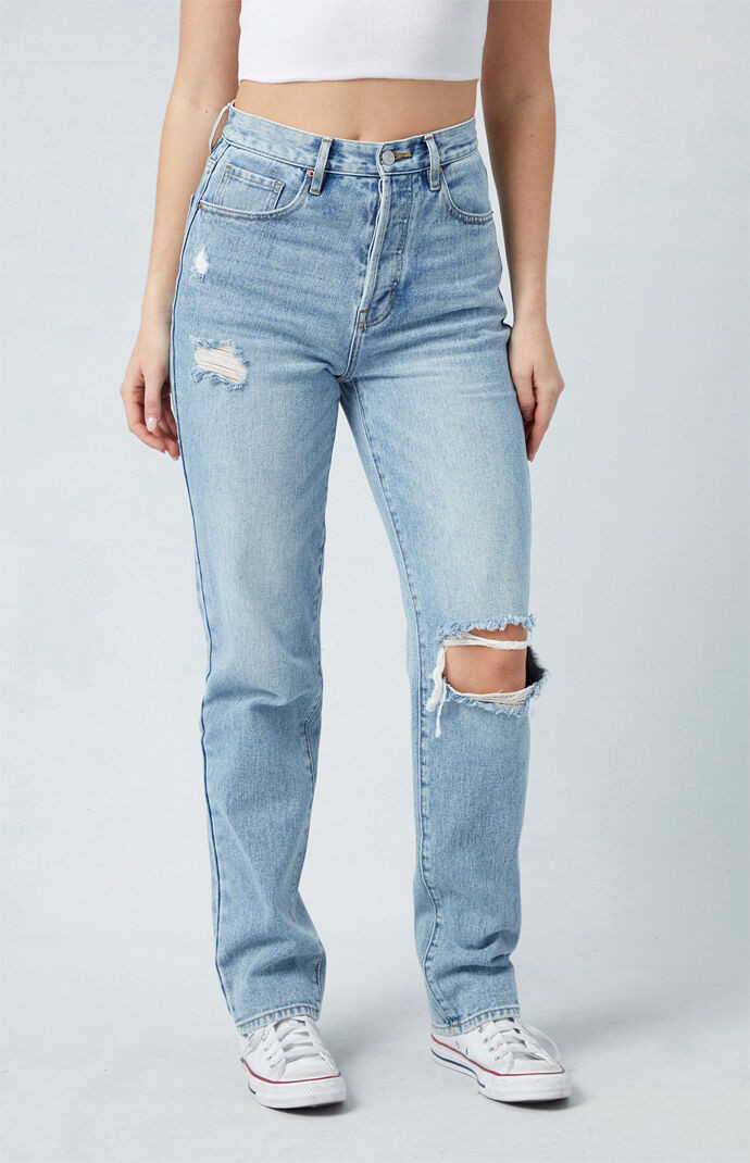 Women's Light Indigo Ripped Dad Jeans in Medium Indigo - Size 30 | PacSun