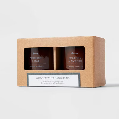 Set of 2 4.5oz Woodwick Candle Gift Set Whiskey + Oak & Leather + Embers - Threshold™ | Target