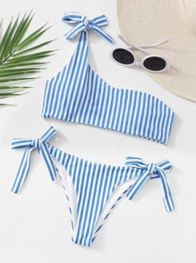 Striped One Shoulder Tie Side Bikini Swimsuit | SHEIN